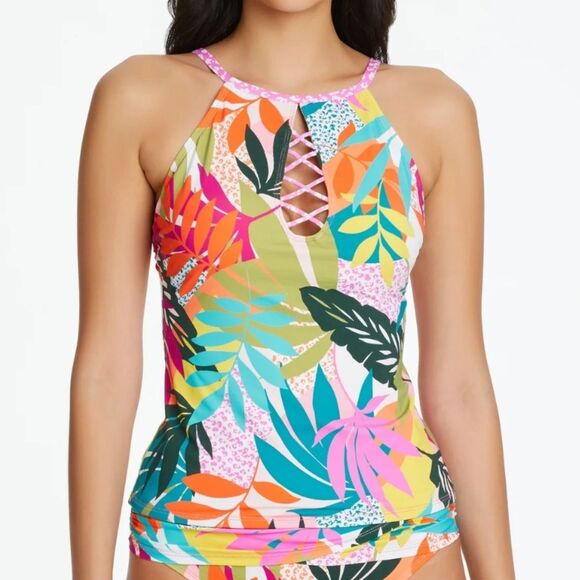 Bleu Rod Beattie Wild At Heart Keyhole High Neck Tropical Floral Tankini Top - Picture 1 of 8